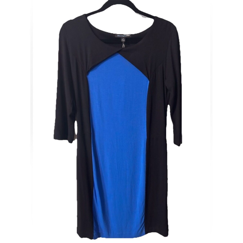 Saint Tropez West Dress Sz Medium Blue Black Rayon Spandex Colorblock 3/4 Sleeve